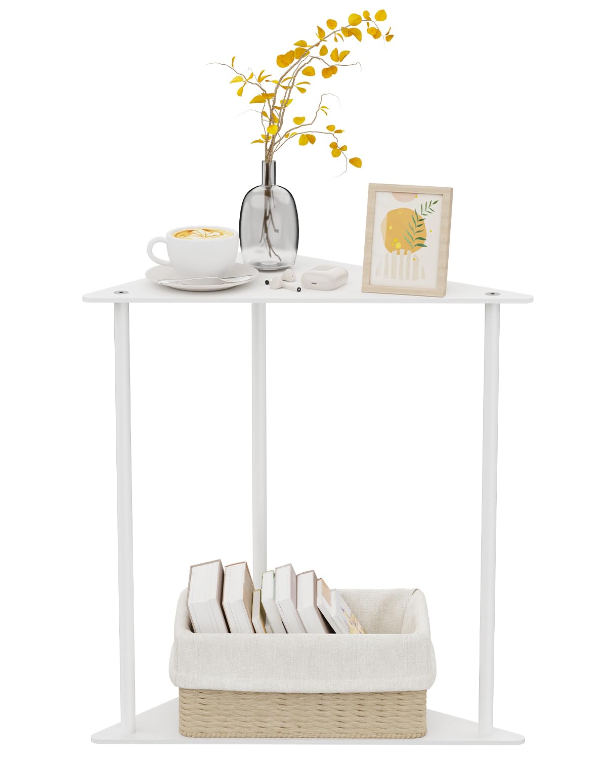Yawinhe Triangle Metal Side Table,2-Tier Small Corner Table,White,1 Pack