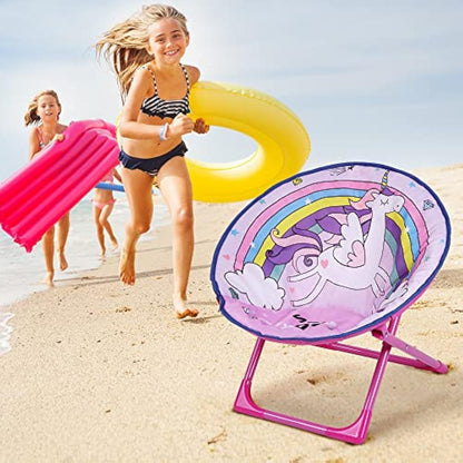 Outplea Rainbow Unicorn Kids Suacer Chair - Toddler Cartoon Moon Foldable Camping Chair for Patio, Beach, Picnic
