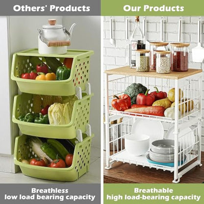 UMDONX Vegetable Storage Rack Kitchen Fruit Basket Bowl 3 Tier - Countertop Wire Veg Organiser Tiered Tabletop Stand Wooden Top (Durable Metal White)