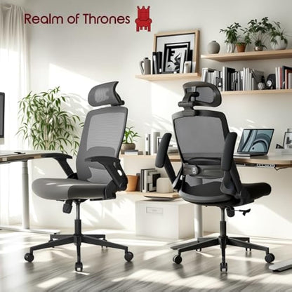 Realm of Thrones VALOUR Ergonomic Office Chair for Home, Gaming Desk Chair, 3D Headrest/High Back Mesh/Comfort Cushion Seat/2D Rotating Armrests/Adjustable Lumbar Support/Heavy Duty Steel Base (Black)