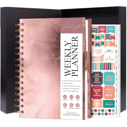 PLANBERRY Weekly Planner – Elegant Life & Budget Planner to Hit Your Goals & Live Happier – Organizer & Productivity Journal – 17.5 x 21.5cm Hardcover, Undated + Stickers (Rose Gold)