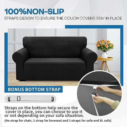 XINEAGE High Stretch Sofa Covers 4 Seater Latest Jacquard Extra Large Couch Covers for Dogs Pet 1 Piece Sofa Slipcovers Living Room Non Slip Couch Furniture Protector Washable (4 Seater, Black)