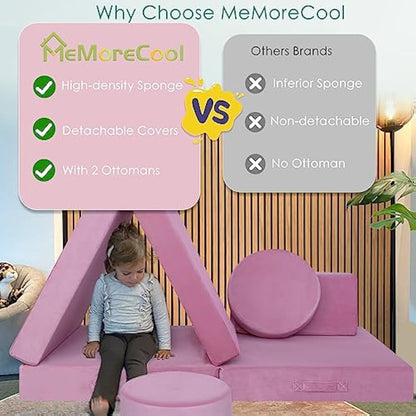 MeMoreCool Kids Play Sofa Bed, Modular Toddler Armchair Couch Chair for Bedroom Playroom, 8-Piece Fold Out Couch Play Set, Creative Baby Couch Children Convertible Sofa, Pink