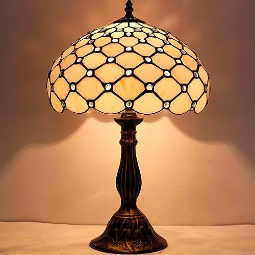 WERFACTORY Tiffany Lamp Cream Amber Stained Glass Bead Table Lamp Desk Bedside Reading Light 12X12X18 Inches Deco Bedroom Living Room Home Office S005 Series