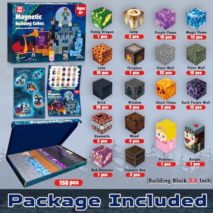 GraceDuck Magnetic Blocks - 150 PCS Build Magnetic Dark Castle Sword Domain World - Construction Cube Toys - STEM Montessori Sensory Toys for Toddlers Ages 3+ for Boy & Girl