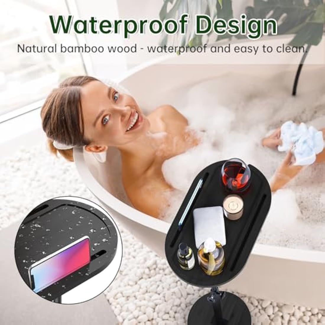 NiHome Bamboo Swivel TV Tray Table with Thickened Stable Non-Tipping Base,Adjustable Height Couch Table Tray,End Table,Bathtub Side Tray Table with 360° Rotating for Hot Tub Bedside Sofa Balcony,Black