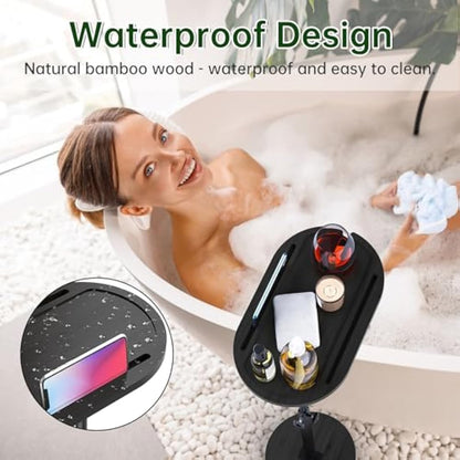 NiHome Bamboo Swivel TV Tray Table with Thickened Stable Non-Tipping Base,Adjustable Height Couch Table Tray,End Table,Bathtub Side Tray Table with 360° Rotating for Hot Tub Bedside Sofa Balcony,Black