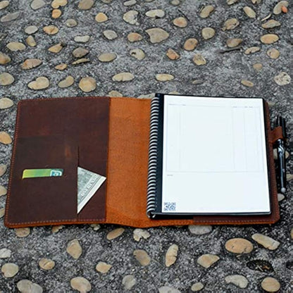 JJNUSA Compatible with Rocketbook Cover Smart Business Handmade Distressed Genuine Leather Notebook Cover for Everlast, Fusion, Wave Moleskin A4 with Pen Loop & Card Holder Letter 11" x 8.5" Brown