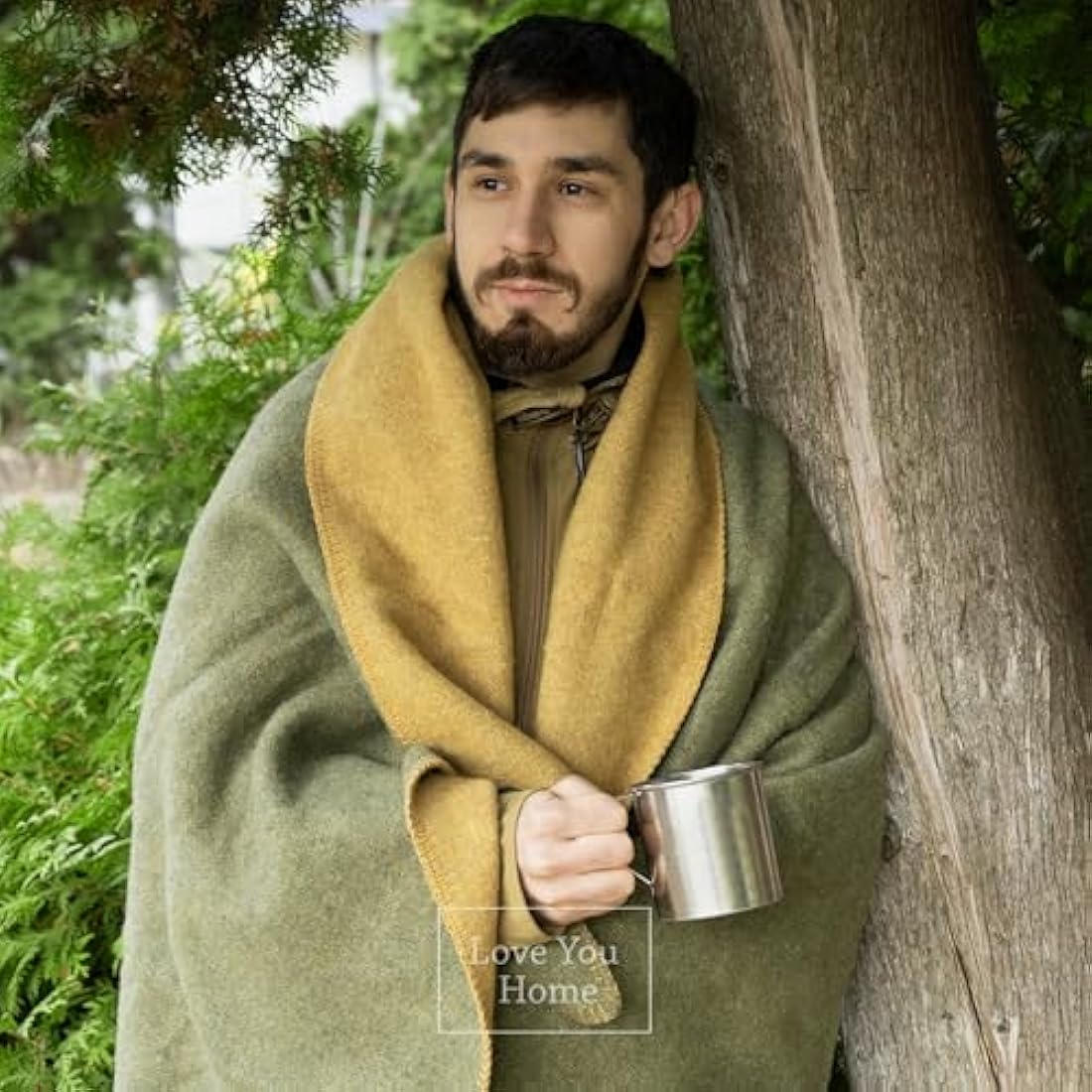 LYHome Travel Blanket - Extra Warm Picnic Throw, Bed Camping Outdoor Wool Blankets, Cozy Soft Throws, Military Army and Garden Outside Use (59x84 in | 150x215 cm | Mustard - Olive Green Double-sided)