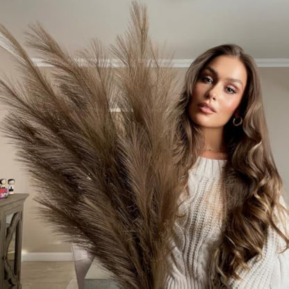 VOULUX Extra Large Tall Dark Brown Fake Faux Artificial Pampas Grass Large Fluffy x3 115cm Stems x18 Decorative Artificial Flora Feathers For Floor Vases Tall Plant Flowers Long Pampas Grass