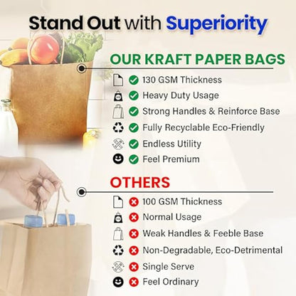 HURUC 50 Pcs Brown Paper Bags With Handles,130GSM, Small Paper Gift Bags, Eco-Friendly Kraft Shopping, Christmas, Easter, Birthday Parties & Merchandise Retail 18x24x8cm