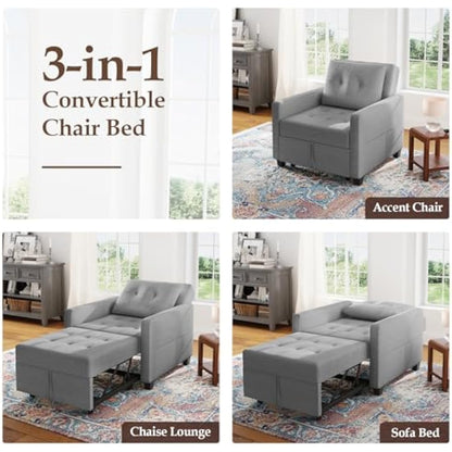 Vesgantti 3 in 1 Sofa Bed Light Grey, Convertible Sleeper Chair Bed with Adjustable Backrest, Fabric Single Sofa Bed Chair with Side Pockets, Foldable Sofa Bed, Pull Out Sofa Bed for Living Room