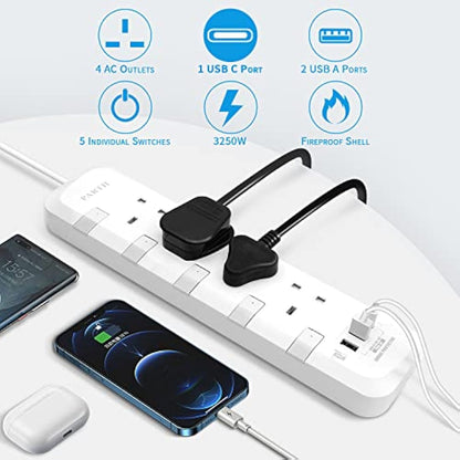 PARTH Extension Lead 5M Surge Protected Extension Cord with USB Slots,5 metre Extension Cable,4 Way UK Switched Plug Extension Socket,Heavy Duty Surge Protector Wall Mounted Extra Long Power Strip