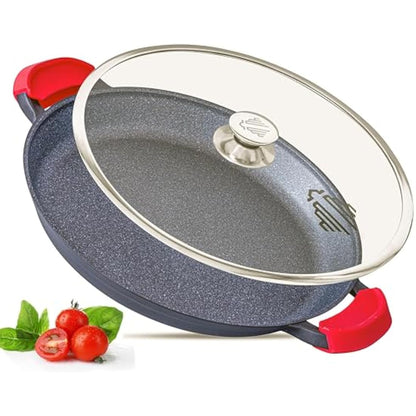 Paella Pan | Glass Lid |Non-Stick | Anti Scratch | Removable Silicone Handles | Ceramic Coating Chemical Free | Induction & Oven Safe | Heavy-Duty | Stainless-Steel Base (Black, 36 CM)