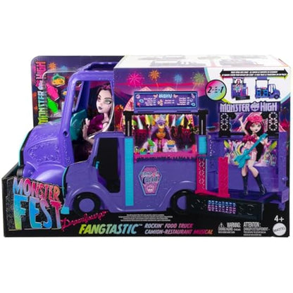 Monster High Draculaura Doll and Playset, Fangtastic Rockin’ Food Truck with Pullout Stage Transformation and 13+ Food and Music Themed Accessories, HXH83