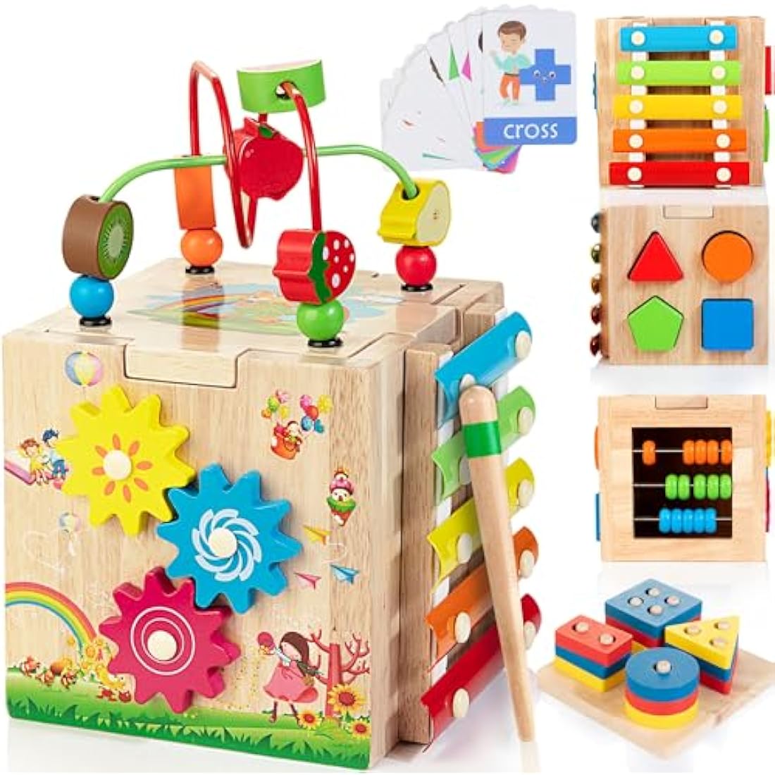 Wooden Activity Cube | 8-in-1 Montessori Toys for 12M+ Toddlers, One Year Old First Birthday Gift, Baby Toy Set with Bonus Sorting & Stacking Board (Pink)
