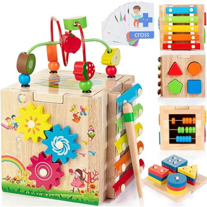 Wooden Activity Cube | 8-in-1 Montessori Toys for 12M+ Toddlers, One Year Old First Birthday Gift, Baby Toy Set with Bonus Sorting & Stacking Board (Pink)