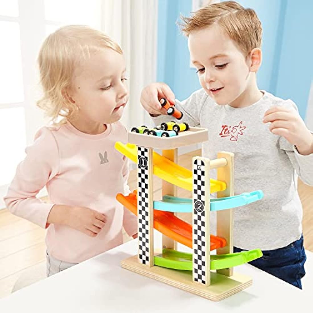 TOP BRIGHT Wooden Car Ramp Toys for 1 2 Year Old Boy Gifts, First Birthday Present for One Two Year Old Car Toy, Baby Toys 12 18 Months with 4 Mini Cars
