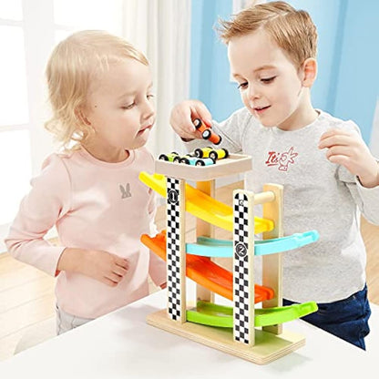 TOP BRIGHT Wooden Car Ramp Toys for 1 2 Year Old Boy Gifts, First Birthday Present for One Two Year Old Car Toy, Baby Toys 12 18 Months with 4 Mini Cars