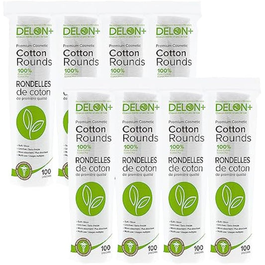 DELON+ Premium Cotton Rounds with Aloe Vera & B5 Provitamin - 100 Count pack of 8
