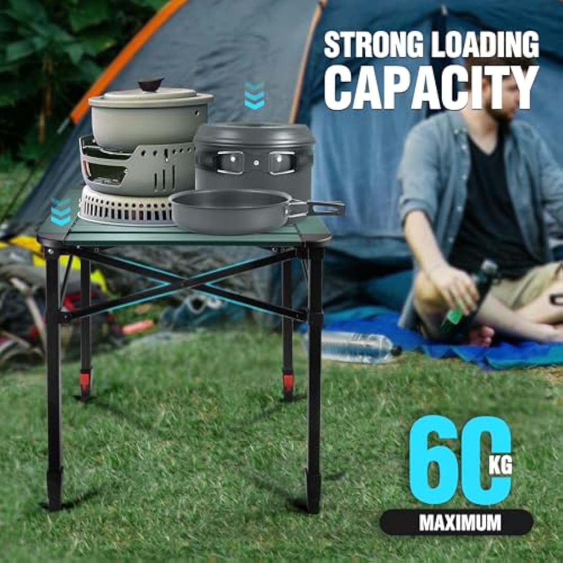VILLEY Camping Table Folding, Lightweight Roll Up Aluminum Camp Table with Carry Bag, Adjustable Height Portable Outdoor Table for Picnic, Beach, Hiking, Fishing, Medium