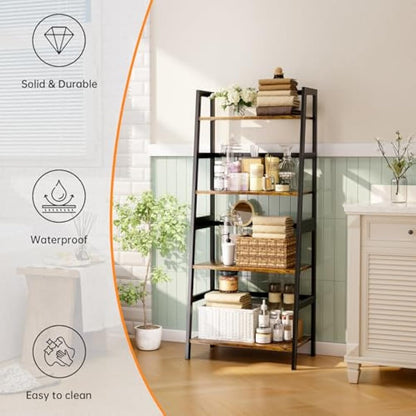 HITNET Ladder Shelf, 4 Tier Bookshelf, Freestanding Bathroom Storage Shelving Unit with Bamboo Frame for Living Room, Home Office, Bedroom, Rustic Brown and Black