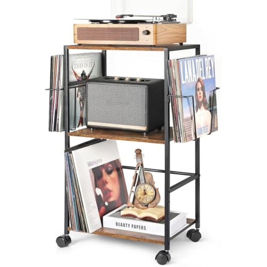 Bikoney Vinyl Record Storage, Rolling Side Table with Player Stand, Large End Table Cart Up to 150 Albums, Turntable Holder with 2 Display - Vinyl Storage for Living Room Bedroom Office