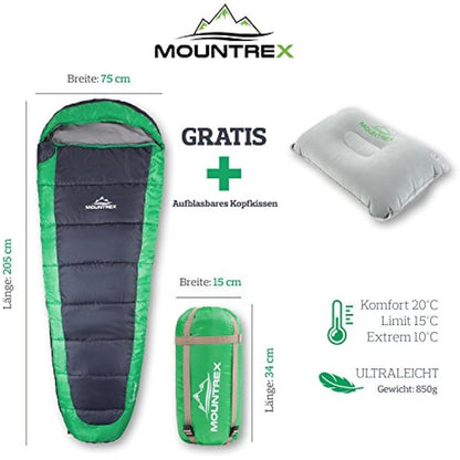 MOUNTREX® Sleeping Bag - Ultralight & Compact (850 g) - Outdoor Summer Sleeping Bag - Mummy Sleeping Bag (205 x 75 cm) - Small Pack Size and Lightweight - for Teenagers and Adults + Bonus Travel