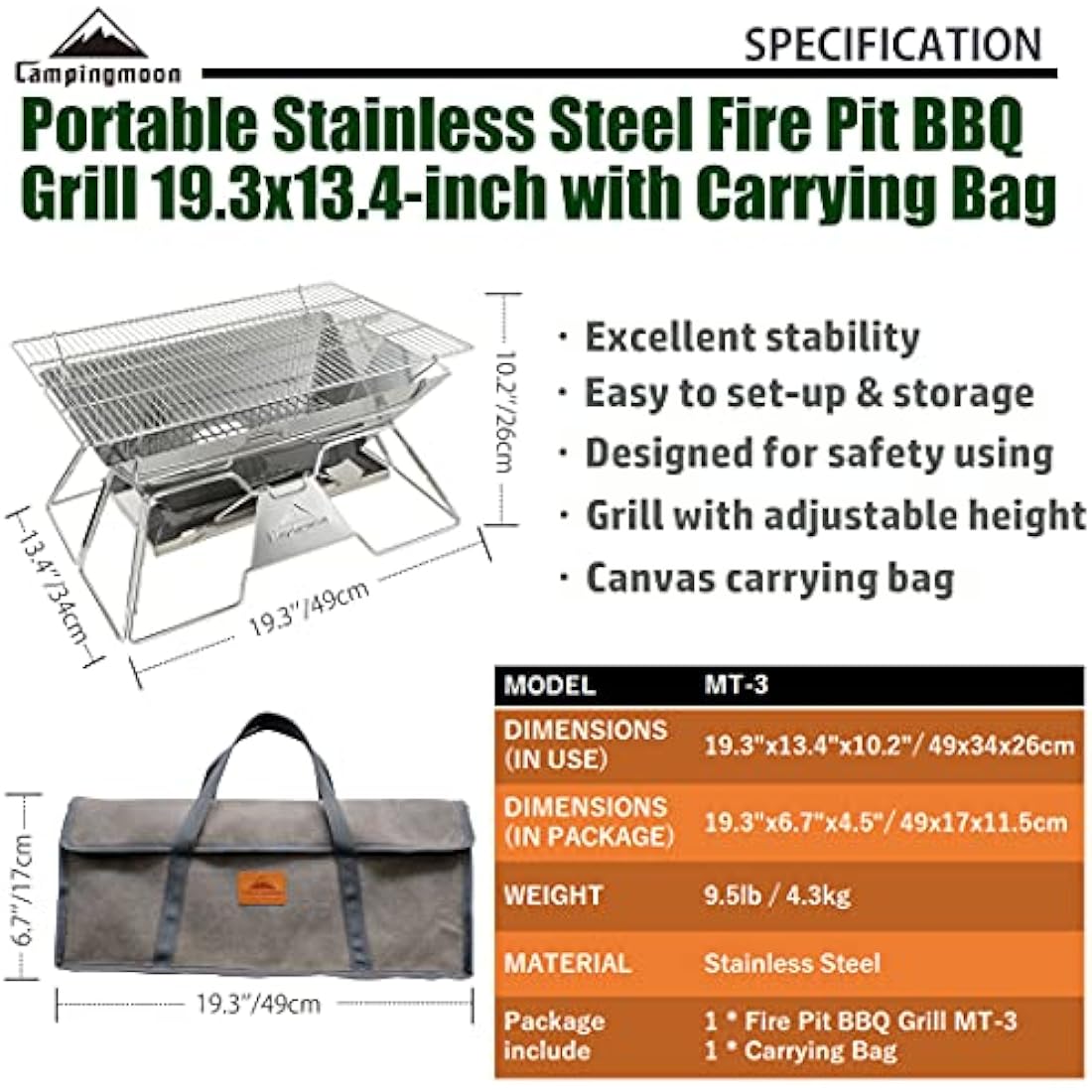 CAMPINGMOON Portable Camping Fire Pit Stainless Steel Foldable Collapsible BBQ Grill Wood Burning Charcoal 20x13-inch with Carrying Bag MT-3