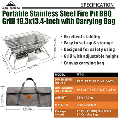 CAMPINGMOON Portable Camping Fire Pit Stainless Steel Foldable Collapsible BBQ Grill Wood Burning Charcoal 20x13-inch with Carrying Bag MT-3