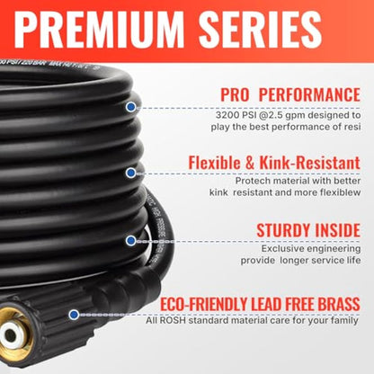 YAMATIC M22 Pressure Washer Hose 7.6M/25FT 1/4", Kink Resistant Power Washer Hose Replacement for Flexzilla Uberflex Ryobi Genarac Troy Bilt Honda Leak-Free 22MM Fittings, 3200 PSI/220 Bar