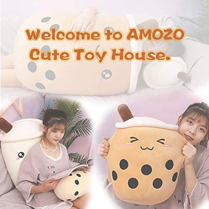AMOZO Cute Cartoon Boba Milk Tea Soft Plush Doll, Giant Boba Bubble Plushie Stuffed Tea Cup Pillow Gift Toys(Beige,24cm)