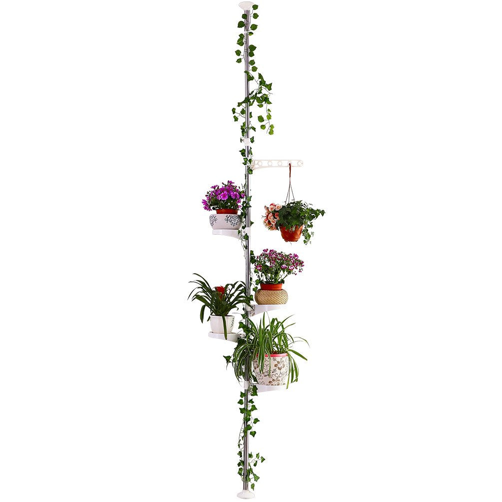 Hershii 5-Layer Indoor Plant Pole Spring Tension Rod Corner Flower Display Rack Adjustable Plant Pot Stand Holder Telescopic Floor to Ceiling Shelf