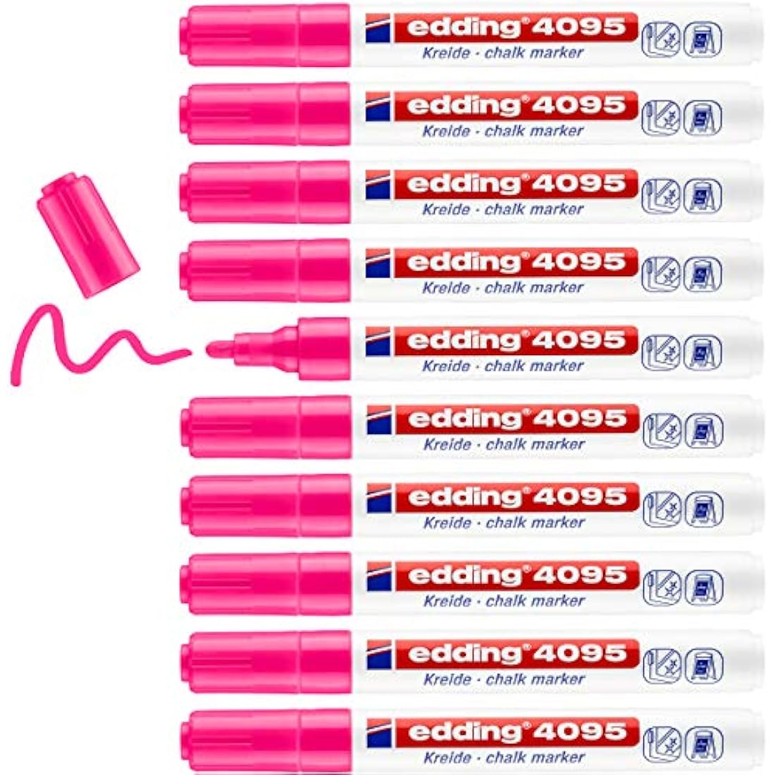 edding 4095 chalk marker - neon-pink - 10 chalk pens - round tip 2-3 mm - medium-tipped wet wipe pen for chalkboards, windows, glass, mirrors - liquid chalk marker pens for opaque coverage