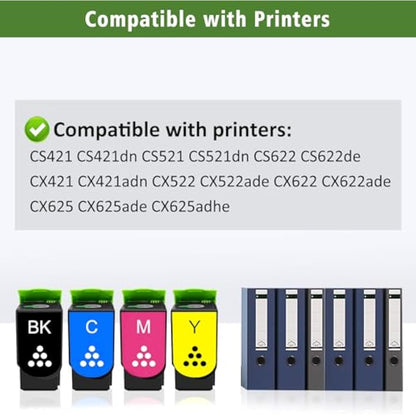 Compatible Toner Cartridges 4 Colors Set CS421 CS521 CS622 CX421 CX522 CX622 CX625 Standard Capacity for Lexmark Printers CS421dn CS521dn CS622de CX421adn CX522ade CX622ade CX625ade CX625adhe