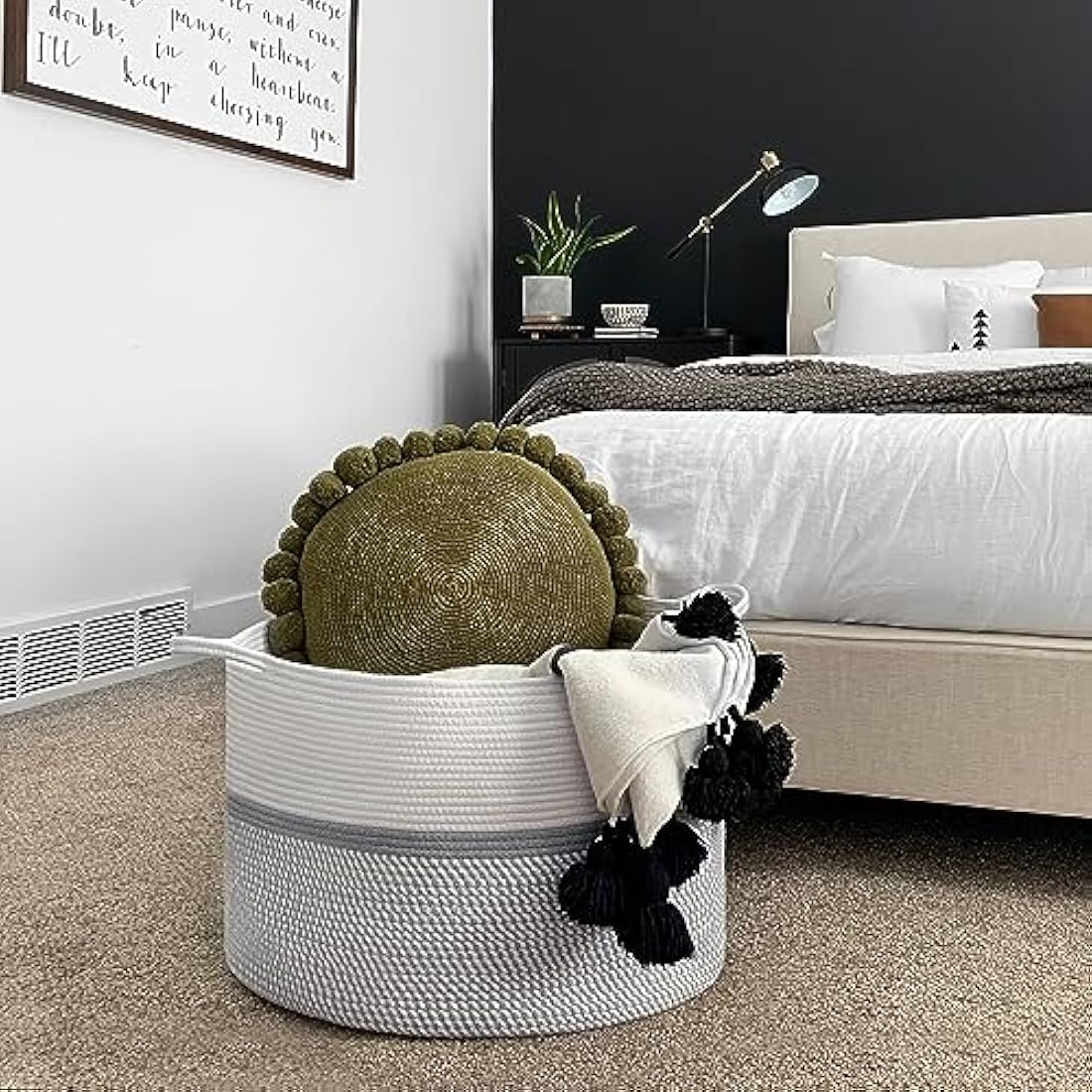XXXL Extra Large Laundry Basket Cotton Rope Woven Basket Throw Blanket Storage Baskets Living Room with Handle for Clothes Towels Toys Living Room Bedroom Decorative Hamper, 55x35cm, Grey
