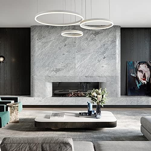 STARRYOL Modern LED Pendant Light, 3 Rings White Paint Collection, Adjustable Pendant Light Modern Ceiling Chandelier, Dimmable 2700K - 6500K, with Remote Control 78W