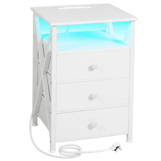 AMHANCIBLE Bedside Table with Charging Station, Side Table with Led Lights, Bedside Cabinet with 3 Fabric Storage Drawers, End Table, Sofa Side Table,
