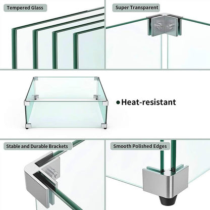 MESIDA 17.5"x17.5"x6" Fire Pit Glass Wind Guard, Tempered Glass Firepit Table Shield, Thick and Sturdy, with Hard Aluminum Corner Bracket & Rubber