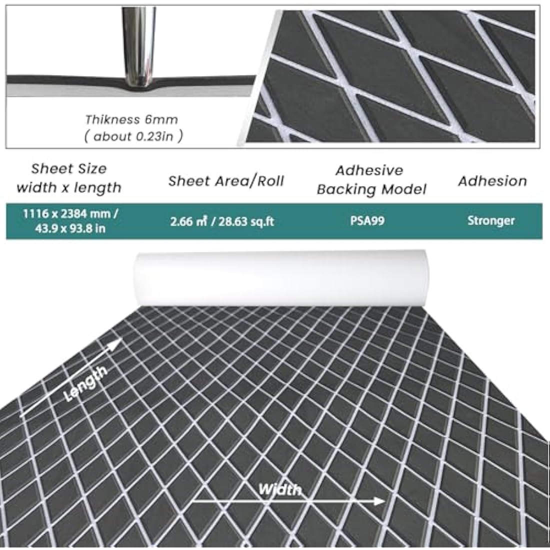 KXKZREN EVA Foam Boat Flooring Decking Sheet 6mm Thick 93.8"x43.9" Diamond Anti-slip Marine Flooring Mat Self Adhesive Deck Floor for Bass Boat Yacht Motorboat RV Cooler Tops