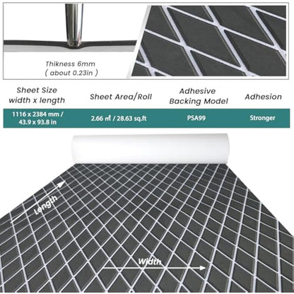 KXKZREN EVA Foam Boat Flooring Decking Sheet 6mm Thick 93.8"x43.9" Diamond Anti-slip Marine Flooring Mat Self Adhesive Deck Floor for Bass Boat Yacht Motorboat RV Cooler Tops