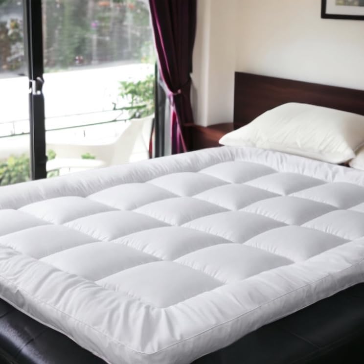 VL Mattress Topper King Size 10cm Thick Microfiber Quilted Fluffy and Soft Mattress Protector with Strong Corner Straps for Firm Grip WHITE (10cm
