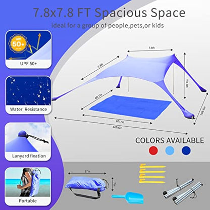 CUUPO 77 FT Beach Tent Sun Shelter UPF50+ UV Protection, Outdoor Canopy Tent Sun Shade with 2 Poles for Camping, Fishing, Backyard and Picnics with Sandproof Beach Blanket Royal Blue