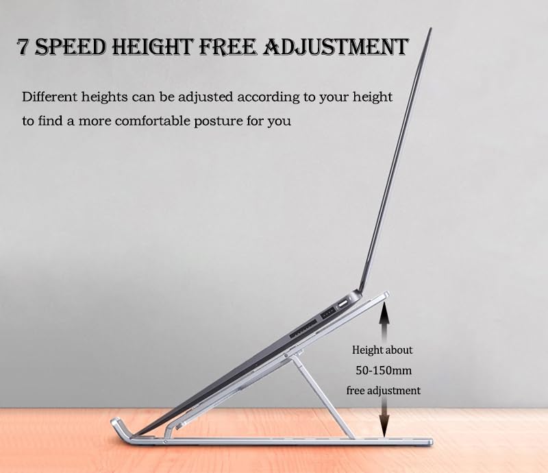 Fit4Less Foldable Laptop Stand, adjustable Height,Ergonomic Computer Stand, Aluminium Silver color for Various Laptops no more than 16'' （7 knots