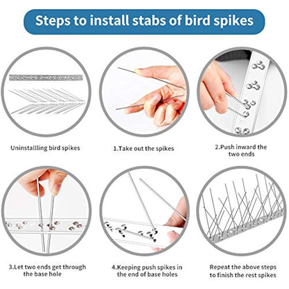 Bird Spikes for Pigeons Small Birds, Pigeon Spikes Kit Cover 6M (20 feet), Fence Spikes Stainless Steel Bird Deterrent Repellent Spikes for Cats, Birds Control Defence Spikes (18 Pack, Uninstalled)