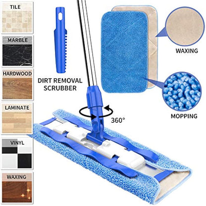 MR.SIGA Professional Microfibre Mop for Hardwood, Laminate, Tile Floor Cleaning, Stainless Steel Telescopic Handle - 3 Reusable Microfibre Cloths and 1 Dirt Removal Scrubber included