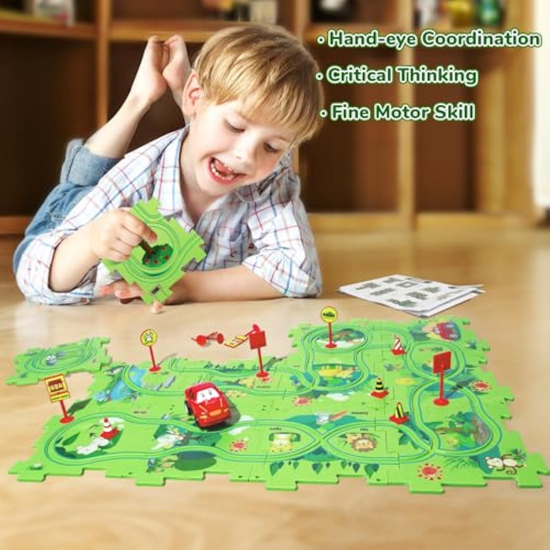 Plastic Puzzles for Kids Ages 3-5 with A Cute Car, Toddler Puzzle Track Play Set Gift, Critical Thinking Educational Toys, Toys for 3 4 5 6 Year Old Boys Girls, Montessori Toys for Kids