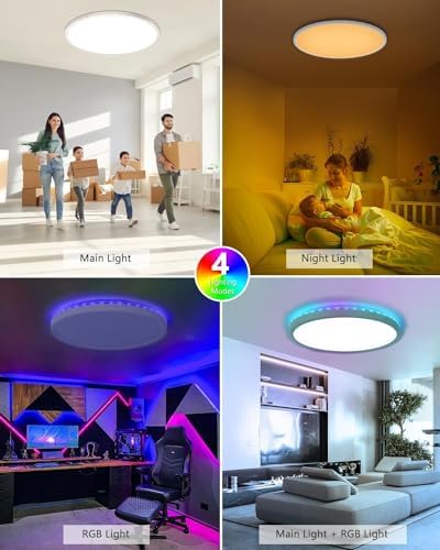 Peasur 42cm LED Ceiling Light 3000-6000K Large, 32W 4000LM Bathroom Light Dimmable with Remote Control, RGB Color Changing Backlight, Big Flush Round Ceiling Lights for Living Room Bedroom Kitchen
