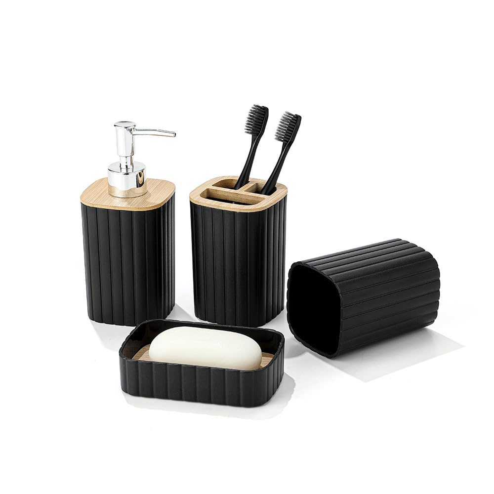 Hosoncovy Bathroom Accessory Set of 4 with Soap Pump Dispenser, Toothbrush Cup, Soap Dish ，Toothbrush and Toothpaste Holder (Black B)