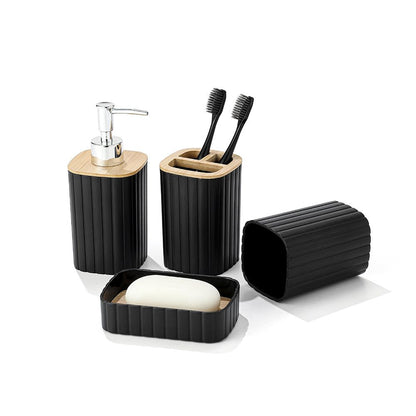 Hosoncovy Bathroom Accessory Set of 4 with Soap Pump Dispenser, Toothbrush Cup, Soap Dish ，Toothbrush and Toothpaste Holder (Black B)